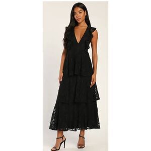 Lulus Molinetto Black Lace Ruffled Tiered Sleeveless Maxi Dress, V-Neck, EUC, L